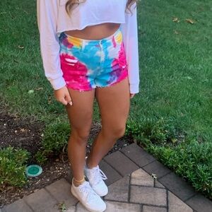 vibrant M.I.U Tye Dye Denim Shorts (modeled)